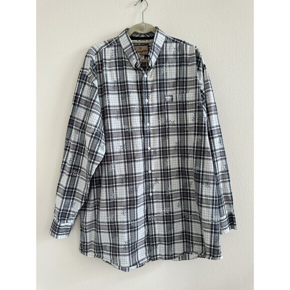 VTG Wrangler Western Shirt Mens 2XL Button Down Long Sleeve Gray Plaid Floral - Picture 1 of 7